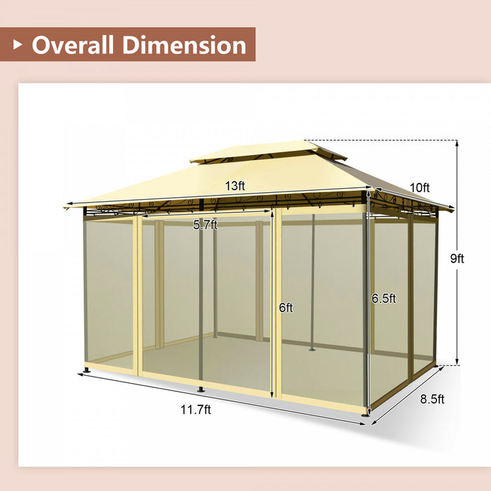 2-tier 10’x13’ Acier Gazebo Canopy Tente Abri Patio Jardin Filet Exterieur Beige