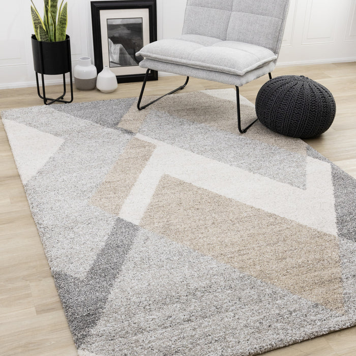 Carpette moelleuse moderne Maverick blanche, beige et grise - 5 pi 3 po x 7 pi 7 po
