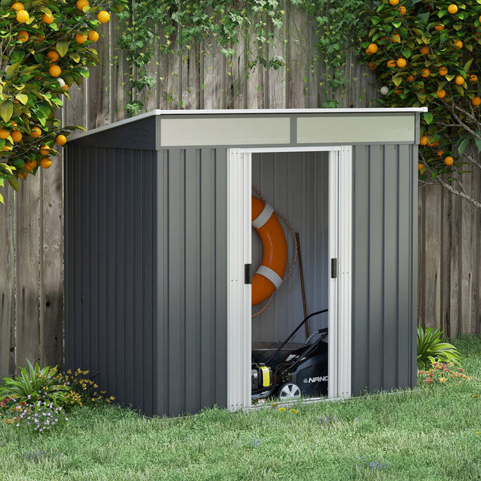 Outsunny 6.5' X 4' Remise De Stockage Exterieur Avec Fondation Au Sol, Organisateur De Stockage D'outils De Jardin En Metal Verrouillable Avec Portes Coulissantes Et Events, Pelouse, Gris Charbon