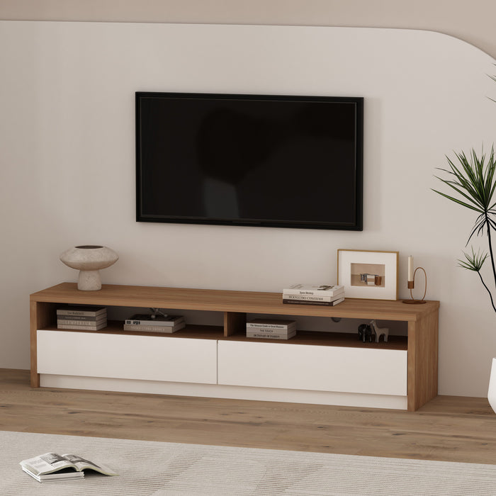 Meuble TV contemporain moderne Duncan 70\" en erable et blanc casse