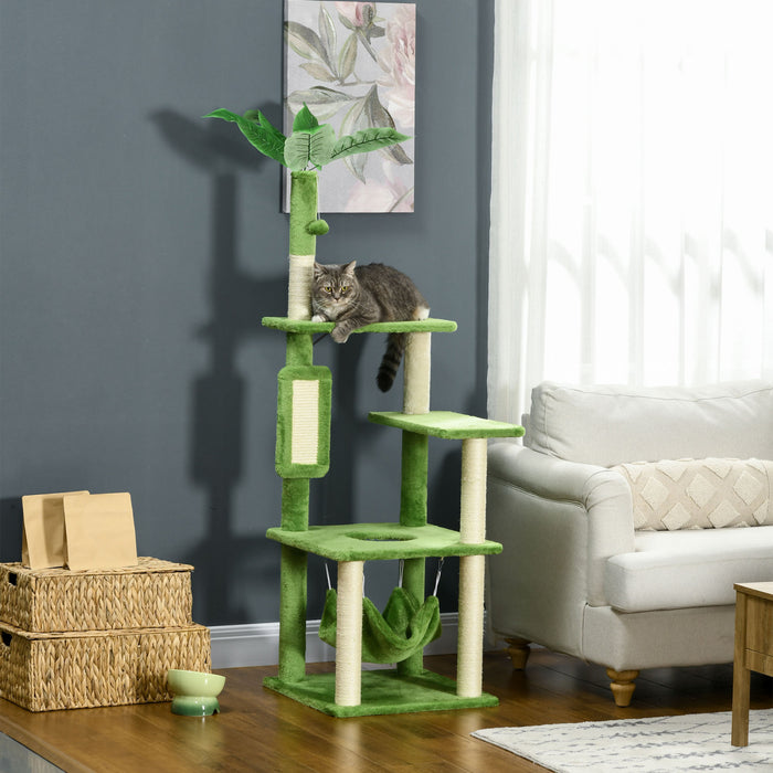 Pawhut Arbre A Chat De 56\" Pour Grands Chats Adultes Avec Hamac, Tour A Chat Avec Griffoir, Plates-formes, Balle De Jeu Et Dispositif Anti-basculement, Pour Chats D'interieur, Vert