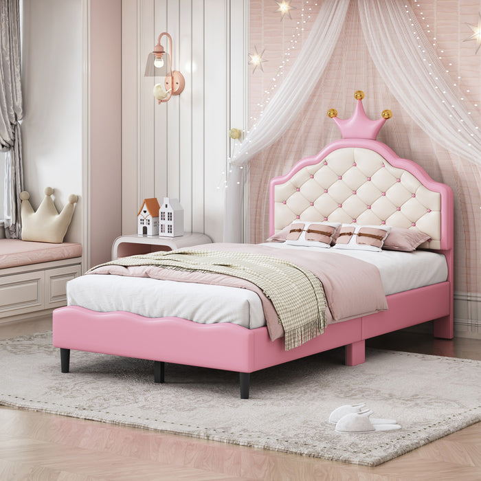 Lily Lit de Princesse Fantaisie Couronne Elegante avec Tete de Lit en Cuir PU Capitonne, Taille Twin