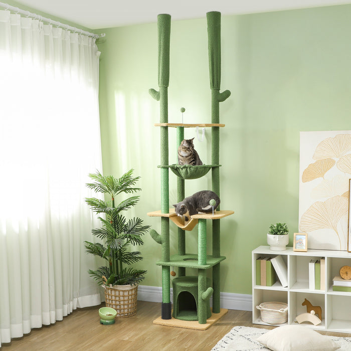 Pawhut Arbre A Chat Du Sol Au Plafond, Hauteur Reglable De 89 A 100 Po Pour Grands Chats Avec Griffoirs, Brosse De Toilettage, Abri Pour Chat, Perchoirs, Hamacs, Boules, Vert