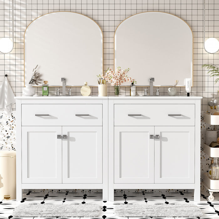 Meuble de salle de bain double moderne Felix 60 pouces avec lavabo ceramique et rangement, blanc