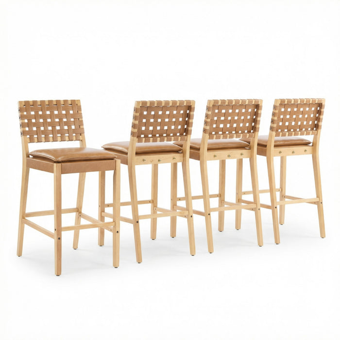 Philip – Lot de 4 tabourets de bar modernes en bois d’hevea avec dossier en tressage, finition naturelle