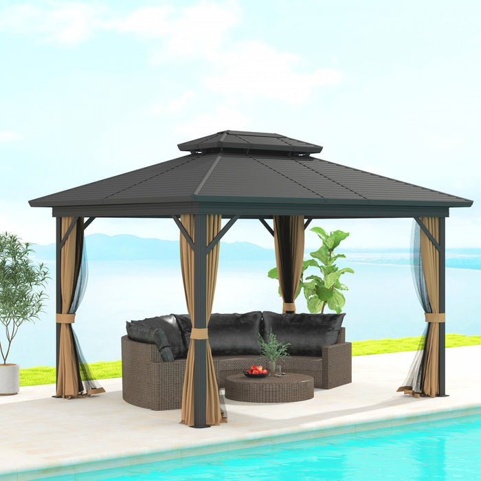 Outsunny Gazebo Exterieur En Aluminium A Toit Rigide 10x12 Pi, Brun Fonce