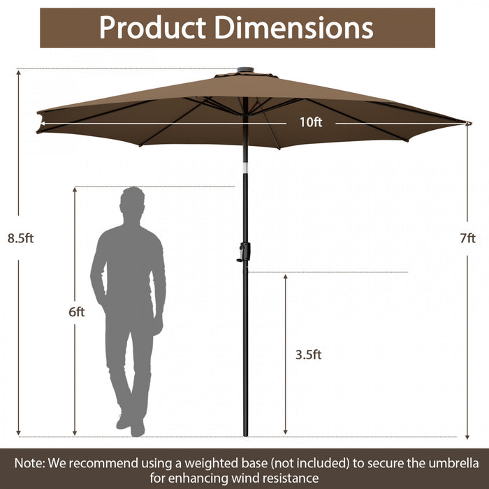 Costway Parasol de marche de patio 10 FT avec 112 LED solaire, inclinaison avec manivelle, exterieur couleur cafe