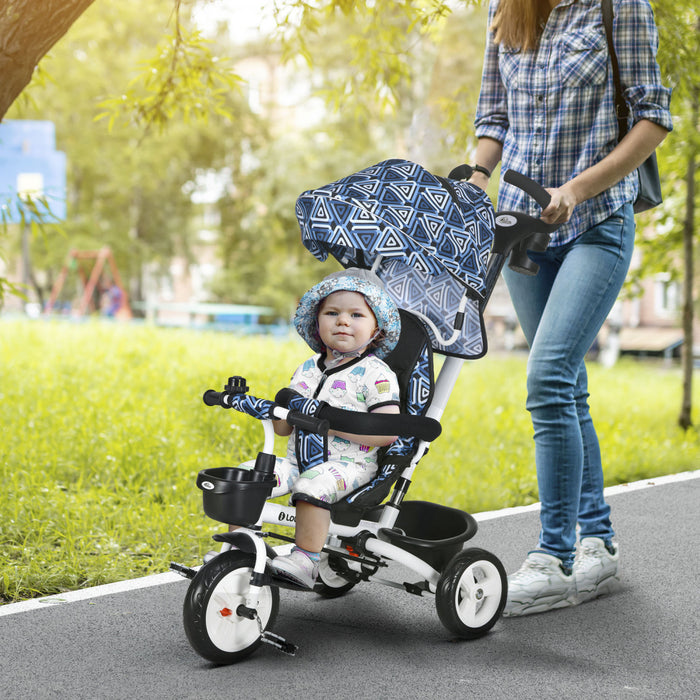 Qaba Tricycle Pour Tout-petits, Velo Poussette Avec Poignee De Poussee Parentale, Paniers De Rangement, Porte-gobelet, Garde-corps De Securite Et Ceinture De Securite, Pour 12 A 60 Mois, Bleu Clair