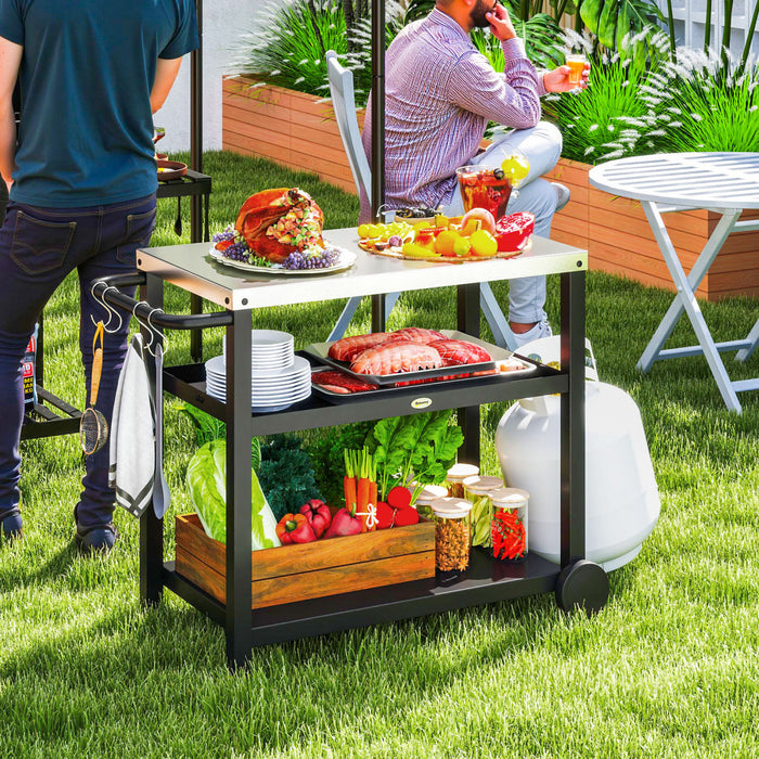 Outsunny Table de four a pizza BBQ Cart avec roulettes a 2 niveaux, noir
