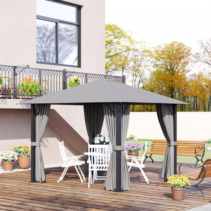 Outsunny 10' X 10' Tonnelle Pavillon Jardin Patio Terrasse Gazebo Exterieur Avec Parois Laterales Cheminee D'aeration Cadre Aluminium Acier Polyester Gris