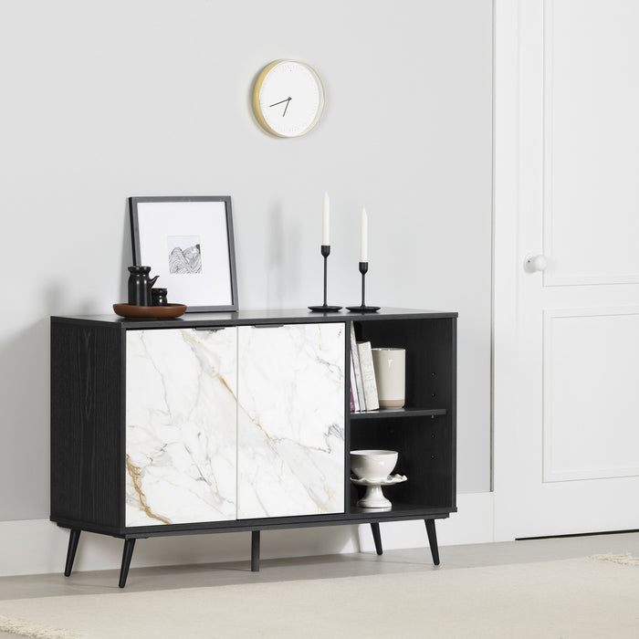 Mezzy Buffet 2 Portes Avec Rangement Ouvert - Chene Noir Et Faux Marbre Blanc