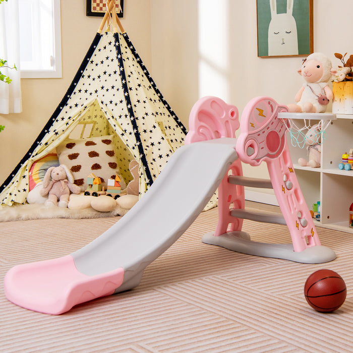 Costway 3-en-1 Enfants Coulisse Interieure Avec Cercle De Basket-ball Et Basket-ball, Zone Tampon Sure Rose