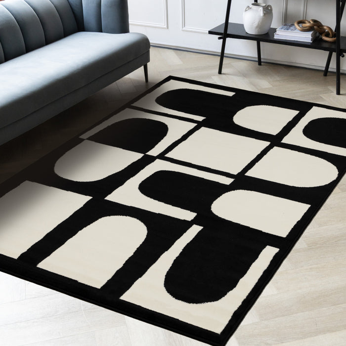 Motif geometrique dynamique noir et blanc Florence, 6'7\" x 9'6\"
