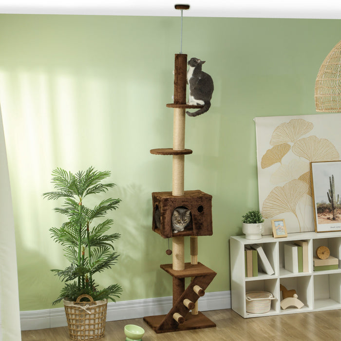 Pawhut Arbre A Chat Du Sol Au Plafond Pour Grands Chats Adultes, Tour A Chat Reglable En Hauteur De 89\"-104 Avec Griffoir, Maison Pour Chat, 3 Marches, Kit Anti-basculement, Marron