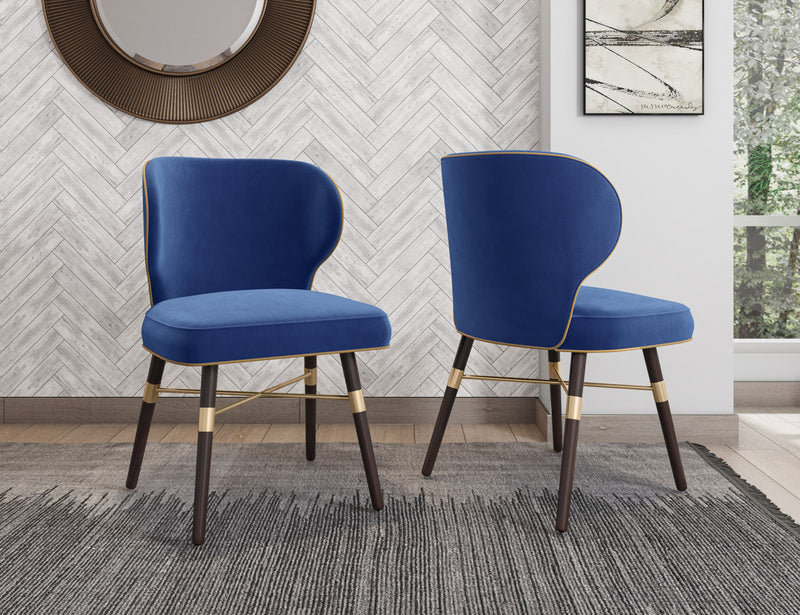 Chaise de salle a manger moderne Strine en bois et tissu bleu et or - Lot de 2