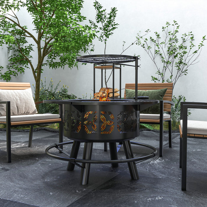 Outsunny Foyer Bbq Grill Avec Grille Et Poele, Foyer A Bois, Noir