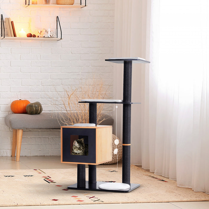 Pawhut Arbre A Chats Design Contemporain Griffoirs Grattoirs Sisal Naturel Centre D‘activites Niche Plate-formes Jeu Boules Suspendues Mdf Noir Hetre