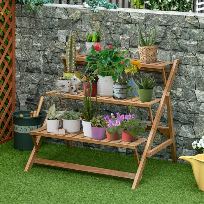 Outsunny - Echelle A 3 Niveaux Pour Plantes - Etagere Pliable Pour Fleurs En Bois Pour L'exterieur, Le Jardin Et La Maison, Marron.