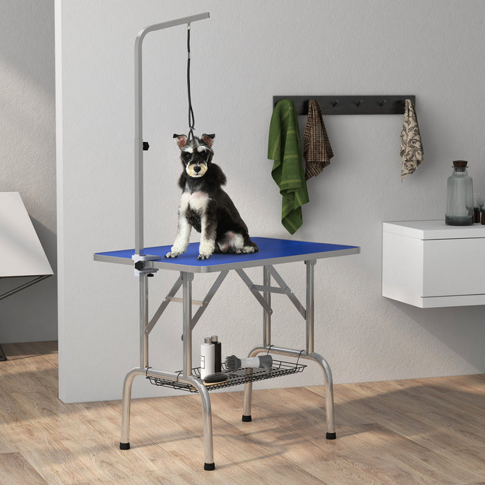 Pawhut Table De Toilettage Pliable En Acier Inoxydable Pour Chien Avec Bras Reglable Et Panier, Bleu