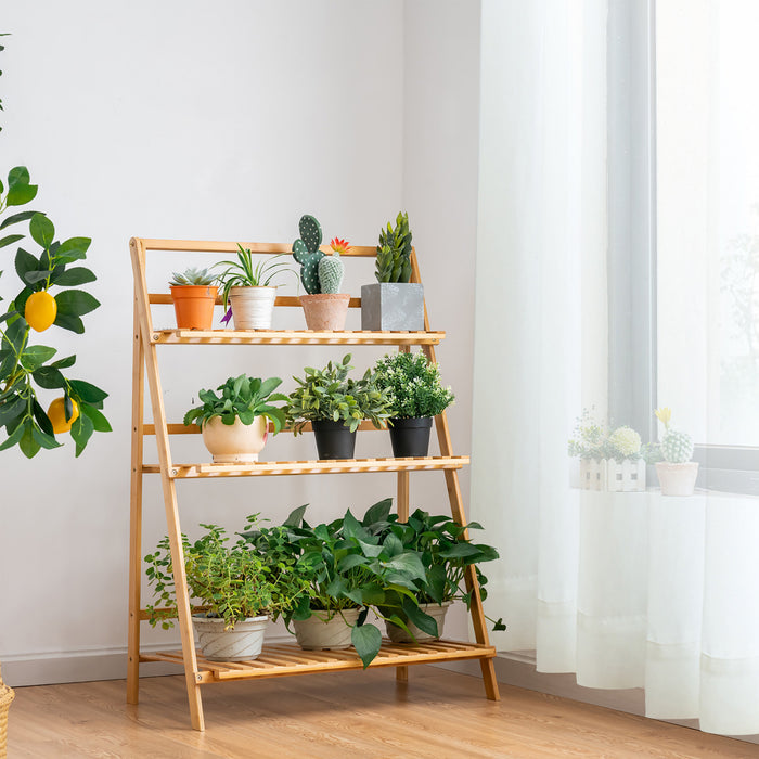 Support De Plantes De Marque Costway Echelle Pliable En Bambou Sur 3 Niveaux Presentoir/support Pour Pots De Fleur Naturel