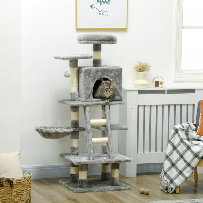 Pawhut Arbre A Chat, Tour A Chat Pour Chats D'interieur Avec Griffoir En Sisal, Condo Pour Chat, Hamac, Lit, Echelle, Plates-formes, Balles Jouets Pour Chatons, Gris Clair