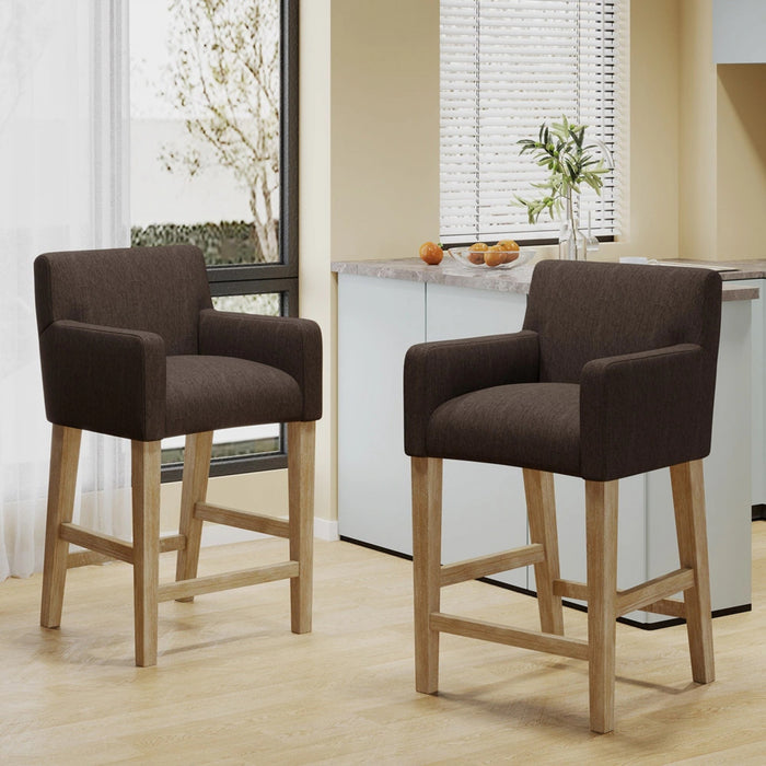 Ensemble De 2 Tabourets De Comptoir Gabrielle, Assise 66 cm – Tissu Rembourre Et Pieds En Bois Massif, Brun