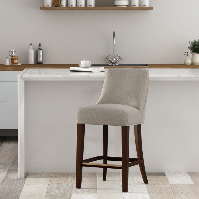 Tabouret de comptoir moderne en bois et chenille Beever, coloris taupe