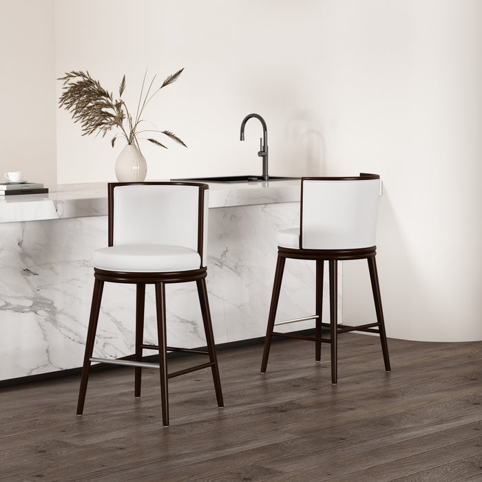 Tabouret de bar moderne en bois et tissu Evalyn, blanc - Lot de 2
