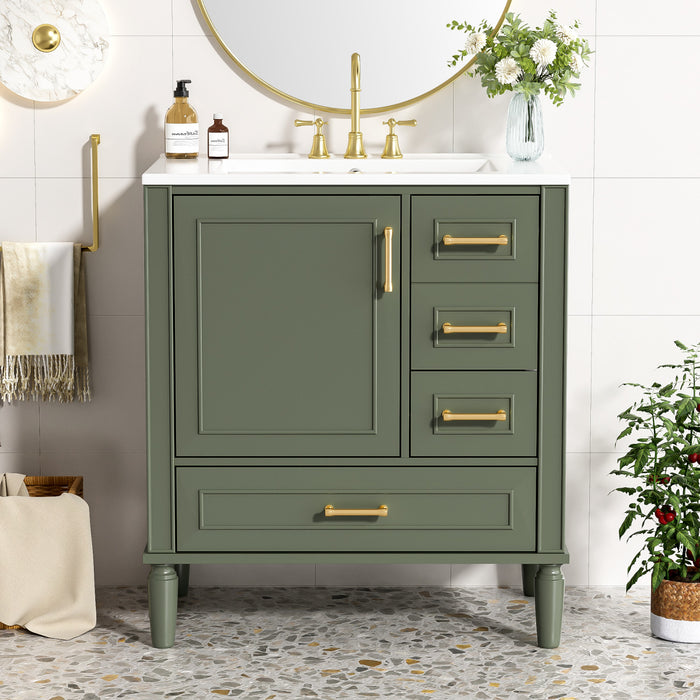 Emerson Meuble de salle de bain 30 pouces avec vasque en ceramique et trois tiroirs, Vert olive