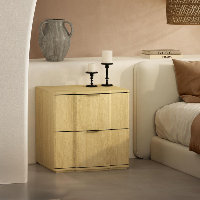 Table de nuit Clive style milieu du siecle 56 cm en naturel et dore (2 tiroirs)