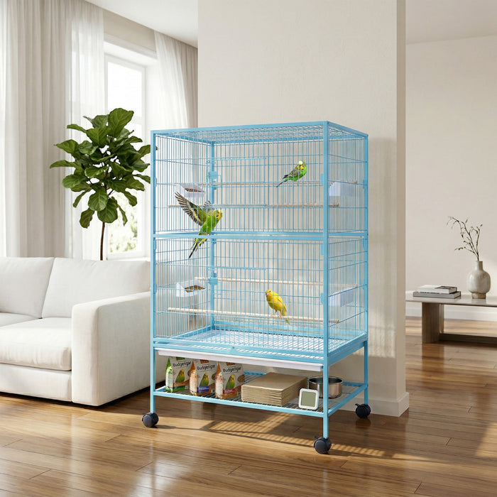 PawHut Grande Cage en Acier 132 cm pour Oiseaux, Bleu Clair