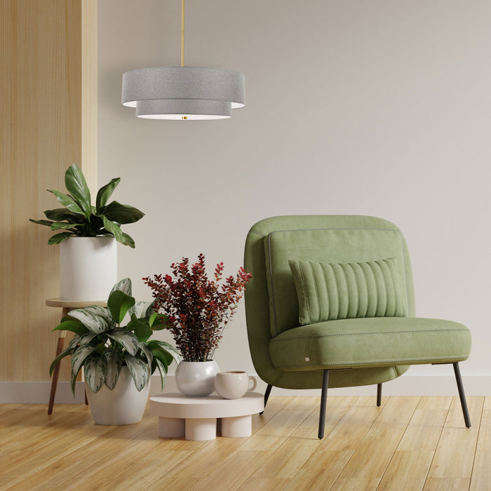 Luminaire suspendu Everly de Dainolite avec abat-jour gris, 2 niveaux, fini laiton vieilli et 4 ampoules
