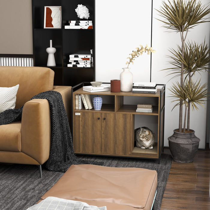 Pawhut Boite A Litiere Pour Chat Cachee Avec Etageres De Rangement, Table D'appoint Pour Chat Avec Griffoir, Doubles Portes, Marron