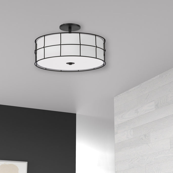 Plafonnier semi-affleuré Alcala de Dainolite avec abat-jour blanc, fini noir mat et 3 ampoules