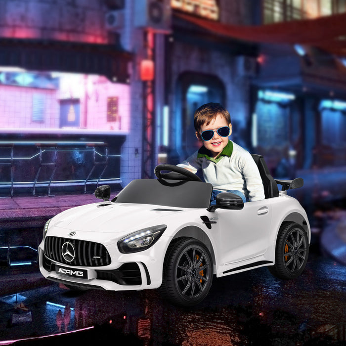 Qaba Voiture Electrique Pour Enfants Sous Licence Mercedes-benz Amg Gtr, Alimentee Par Batterie 12 V, Avec Telecommande, Lumieres Led, Klaxon Musical, Pour Les 3 A 6 Ans, Blanc