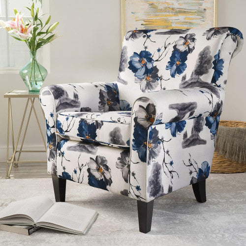 Pansy Fauteuil D’appoint Tapise En Tissu Fleuri Avec Accoudoirs Evases Et Pieds En Bois, Fleuri