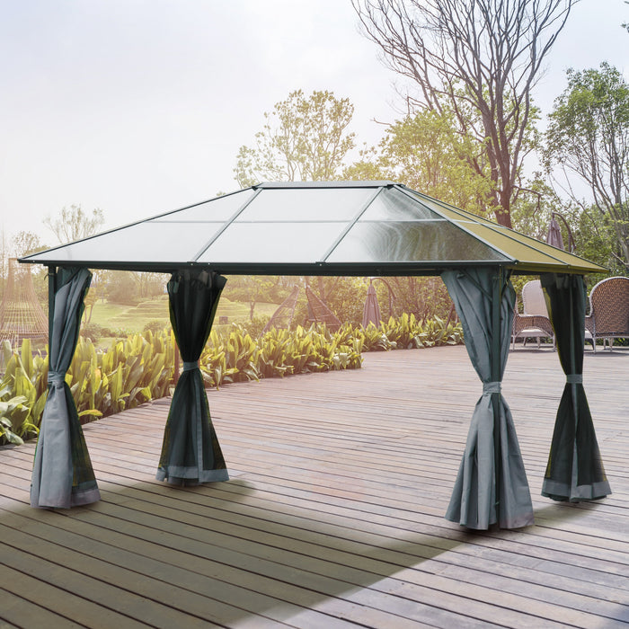 Outsunny 13' X 10' Pavillon De Jardin Tonnelle Gazebo Toit Rigide Auvent Tente De Fete Patio Abri Exterieur Avec Rideaux Et Moustiquaires Gris