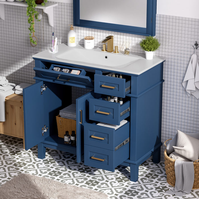Meuble de salle de bain moderne Marshall 36 pouces avec lavabo ceramique et rangement, bleu