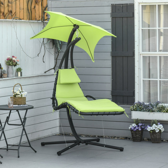 Outsunny Chaise Longue Flottante Pour Porche D'exterieur Balancoire Hamac Suspendu Siege Inclinable Avec Support En Arc Et Parasol A Baldaquin Vert