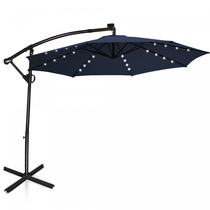 Costway Parasol deporte de patio de 10 pieds, alimente par energie solaire, LED, rotation a 360 degres, aluminium, bleu marine