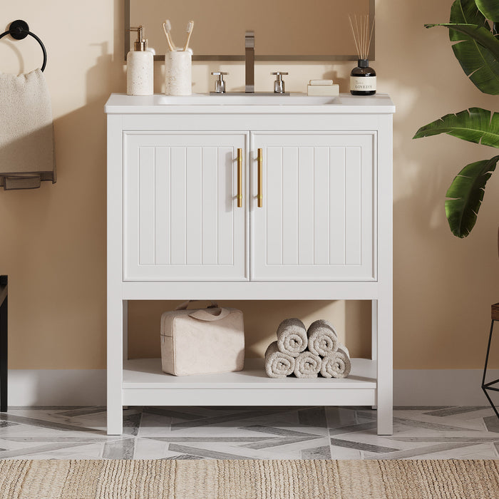 Simona Meuble-lavabo En Bois Massif 30\" Avec Vasque En Ceramique Et Espace De Rangement -Blanc