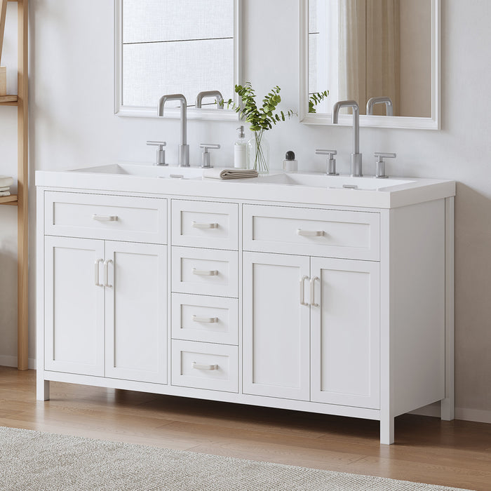 Dune Meuble-Lavabo Double 59 po avec Vasques en Resine et 4 Tiroirs, Blanc