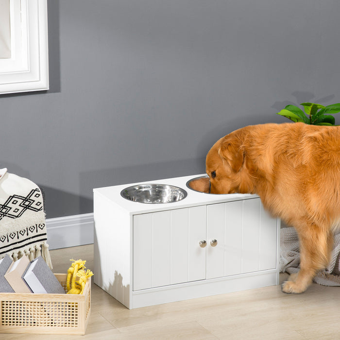 Pawhut Bol De Chien Sureleve Pour Gros Chien Station D'alimentation Pour Animaux De Compagnie Avec Support, Rangement, 2 Bols D'aliments Et D'eau En Acier Inoxydable, Blanc, 23.5\" X 12\" X 14\"