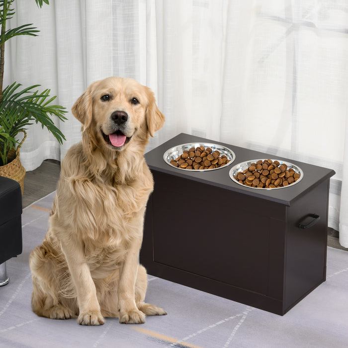 Gamelle Double Chien Chat Porte-gamelles Sureleve Dim. 60l X 30l X 41h Cm 2 Gamelles Poignees Coffre Mdf Chocolat