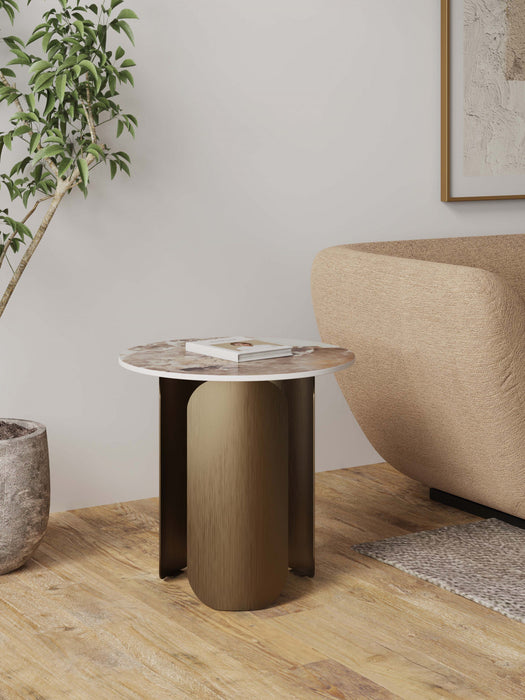 Table d’appoint moderne Monica en bronze avec plateau en pierre frittee
