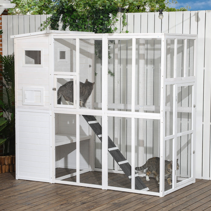 Pawhut Grande Maison Pour Chat D'exterieur Avec Porte, 4 Plates-formes, Rampe Et Toit En Asphalte, 77\" X 37\" X 69\", Blanc