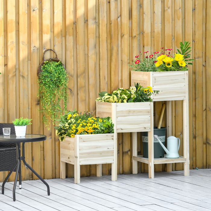 Outsunny - Lit De Jardin Sureleve A 3 Niveaux Avec Etagere De Rangement, Kit De Jardiniere Surelevee En Bois Pour L'exterieur, Support De Plante En Bois Autoportant Pour Legumes, Herbes Et Fleurs.