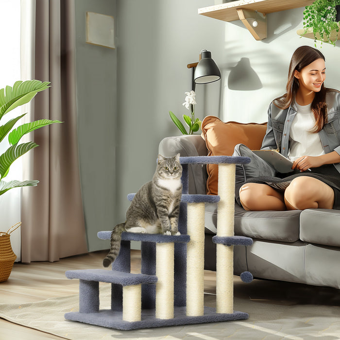 Pawhut Arbre A Chat, Tour D'escalier A 4 Marches Avec Griffoir Pour Chat, Plate-forme De Saut, Balle Jouet, Meubles Pour Chats D'interieur, Gris