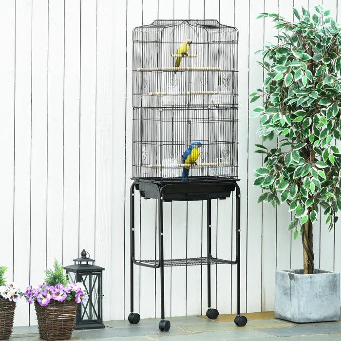 Pawhut Cage A Oiseaux Sur Roulettes Grande Voliere Detachable Cage Portable Multi-accessoires Avec Mangeoires Perchoirs Plateau Amovible Et Etagere Cage Pour Canaris Perruches Noir