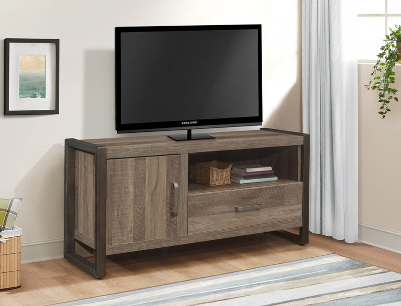 Meuble de TV 51 Pouces Bassett Avec Rangement, Faux Bois Et Metal Gris Foncé